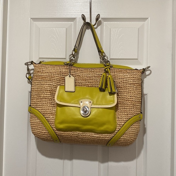 Coach Straw Satchel #23181 Silver/Natural/Lime - Picture 4 of 17